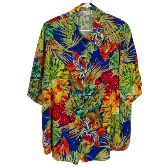 Vintage 80s 90s Button Down Shirt Blouse Womens Plus Size 2X Tropical Floral - Picture 1 of 9